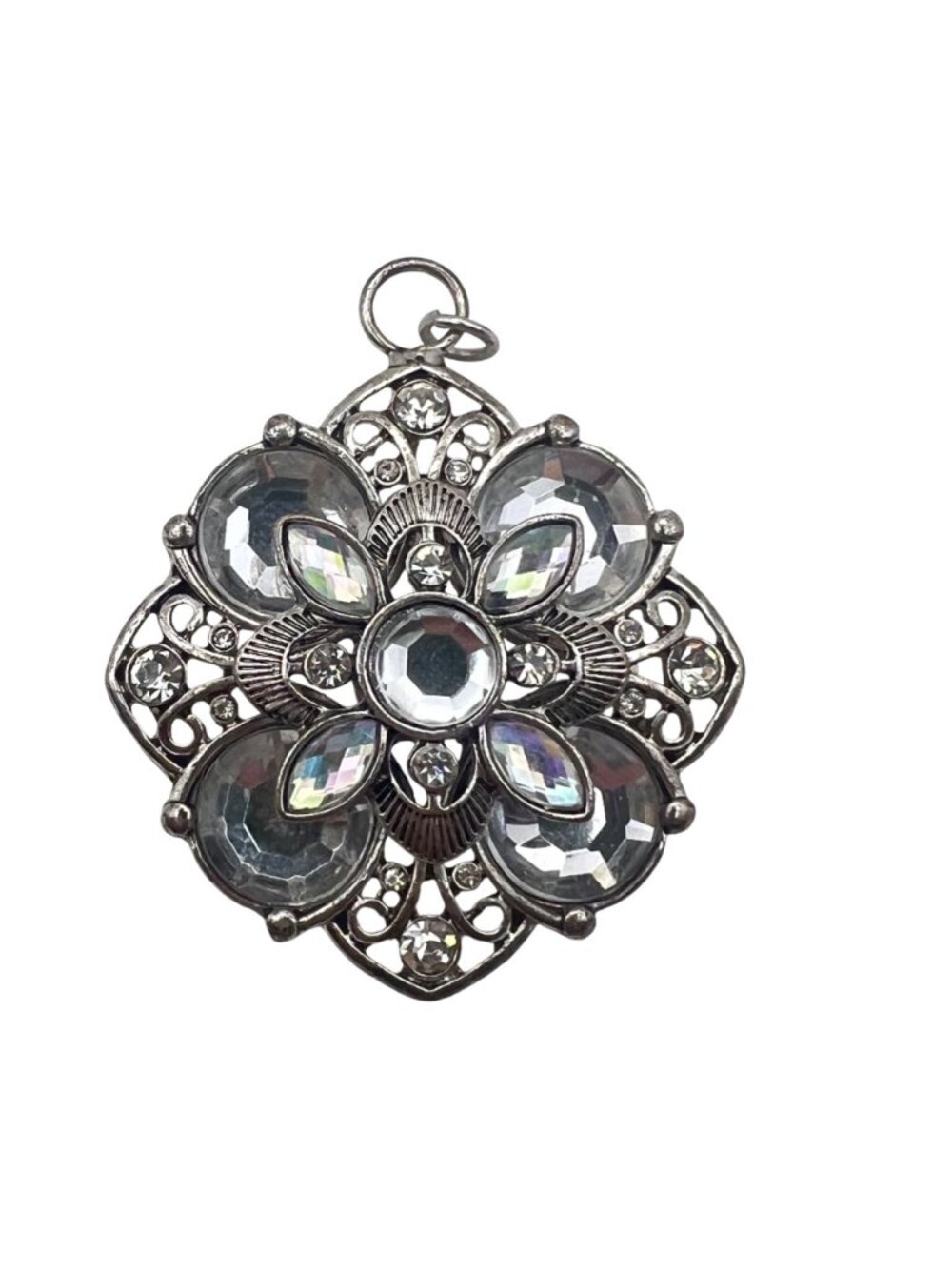 Lot 3 Silver Tone Floral Pendants Acrylic Crystals Faux Pearl Brooch Pink Blue - Picture 11 of 12